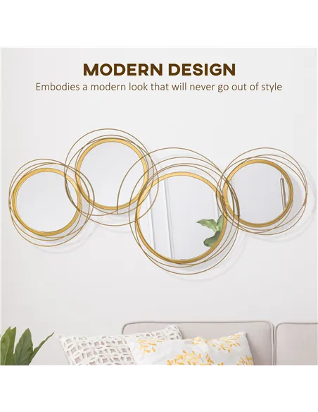 HOMCOM Metal Wall Mirrors, 107cm Modern Decorative Gold Mirror Decor Hanging, Home Wall Sculptures for Living Room Bedroom Dinin