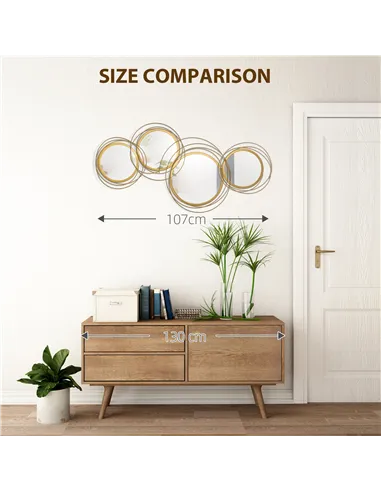 HOMCOM Metal Wall Mirrors, 107cm Modern Decorative Gold Mirror Decor Hanging, Home Wall Sculptures for Living Room Bedroom Dinin
