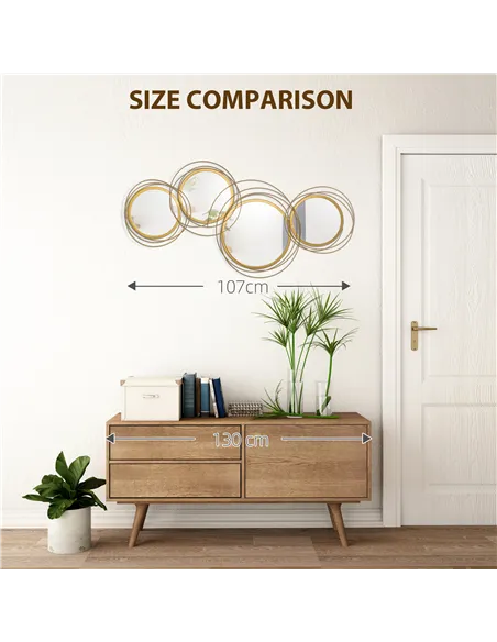 HOMCOM Metal Wall Mirrors, 107cm Modern Decorative Gold Mirror Decor Hanging, Home Wall Sculptures for Living Room Bedroom Dinin