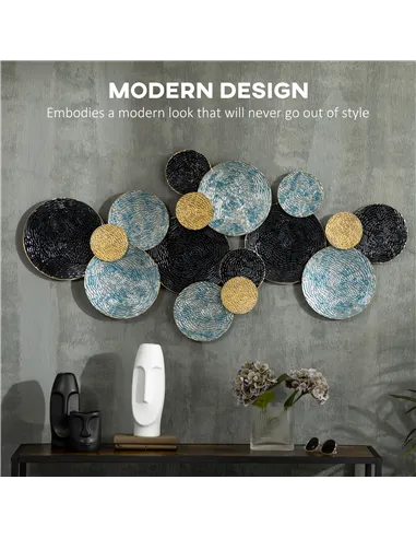 HOMCOM 3D Metal Wall Art Modern Circle Hanging Wall Sculptures Home Decor for Living Room Bedroom Dining Room, Blue Black Gold