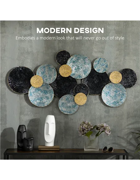 HOMCOM 3D Metal Wall Art Modern Circle Hanging Wall Sculptures Home Decor for Living Room Bedroom Dining Room, Blue Black Gold