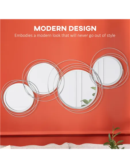 HOMCOM Metal Wall Mirrors, 107cm Modern Decorative Silver Mirror Decor Hanging, Home Wall Sculptures for Living Room Bedroom Din