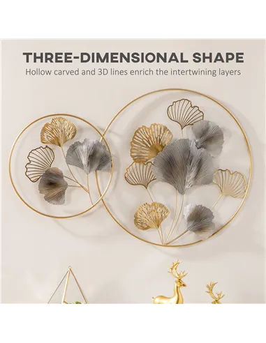 HOMCOM 3D Metal Wall Art Modern Ginkgo Leaves Hanging Wall Sculptures Home Decor for Living Room Bedroom Dining Room, Gold