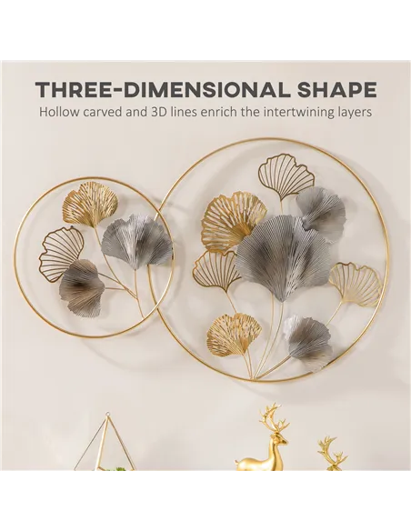 HOMCOM 3D Metal Wall Art Modern Ginkgo Leaves Hanging Wall Sculptures Home Decor for Living Room Bedroom Dining Room, Gold