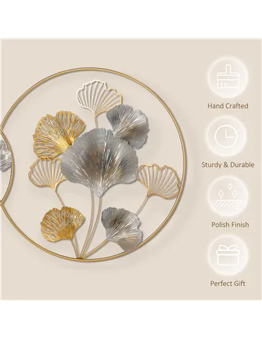 HOMCOM 3D Metal Wall Art Modern Ginkgo Leaves Hanging Wall Sculptures Home Decor for Living Room Bedroom Dining Room, Gold
