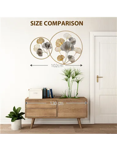 HOMCOM 3D Metal Wall Art Modern Ginkgo Leaves Hanging Wall Sculptures Home Decor for Living Room Bedroom Dining Room, Gold