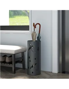 HOMCOM Freestanding Umbrella Stand for Hallway, Round Umbrella Basket with 4 Hooks and Drip Tray for Entryway, Dark Grey 2