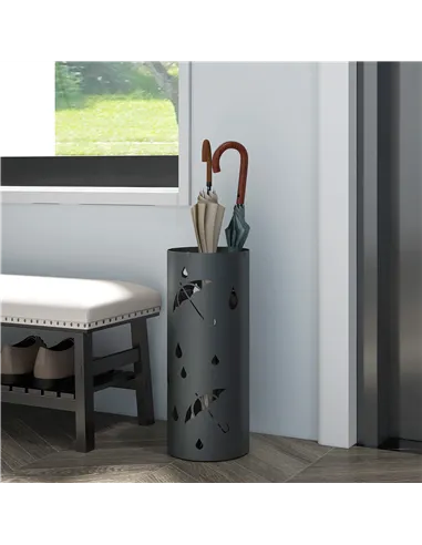 HOMCOM Freestanding Umbrella Stand for Hallway, Round Umbrella Basket with 4 Hooks and Drip Tray for Entryway, Dark Grey