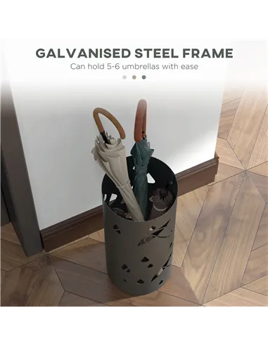 HOMCOM Freestanding Umbrella Stand for Hallway, Round Umbrella Basket with 4 Hooks and Drip Tray for Entryway, Dark Grey