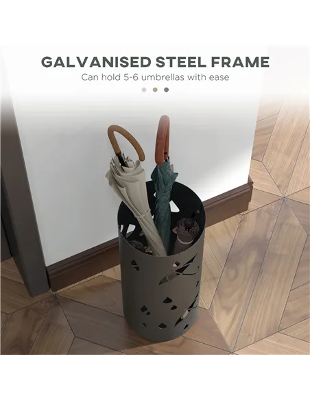 HOMCOM Freestanding Umbrella Stand for Hallway, Round Umbrella Basket with 4 Hooks and Drip Tray for Entryway, Dark Grey