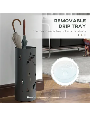 HOMCOM Freestanding Umbrella Stand for Hallway, Round Umbrella Basket with 4 Hooks and Drip Tray for Entryway, Dark Grey