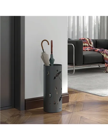 HOMCOM Freestanding Umbrella Stand for Hallway, Round Umbrella Basket with 4 Hooks and Drip Tray for Entryway, Dark Grey
