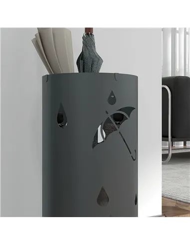 HOMCOM Freestanding Umbrella Stand for Hallway, Round Umbrella Basket with 4 Hooks and Drip Tray for Entryway, Dark Grey