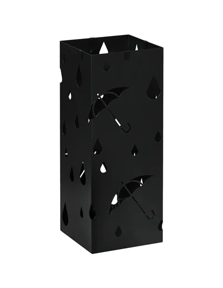 HOMCOM Steel Umbrella Stand, Square Umbrella Holder with 4 Hooks and Removable Drip Tray, Hollowed Umbrella Basket for Hallway, 
