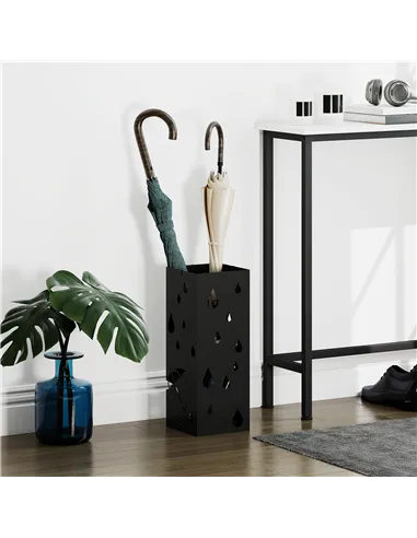 HOMCOM Steel Umbrella Stand, Square Umbrella Holder with 4 Hooks and Removable Drip Tray, Hollowed Umbrella Basket for Hallway, 