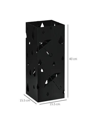 HOMCOM Steel Umbrella Stand, Square Umbrella Holder with 4 Hooks and Removable Drip Tray, Hollowed Umbrella Basket for Hallway, 