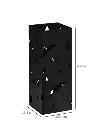 HOMCOM Steel Umbrella Stand, Square Umbrella Holder with 4 Hooks and Removable Drip Tray, Hollowed Umbrella Basket for Hallway, 