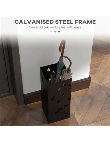 HOMCOM Steel Umbrella Stand, Square Umbrella Holder with 4 Hooks and Removable Drip Tray, Hollowed Umbrella Basket for Hallway, 