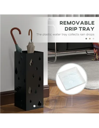 HOMCOM Steel Umbrella Stand, Square Umbrella Holder with 4 Hooks and Removable Drip Tray, Hollowed Umbrella Basket for Hallway, 