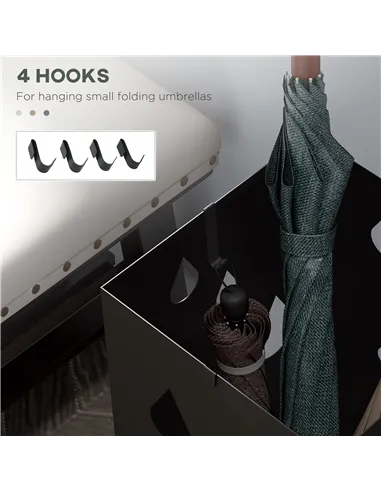 HOMCOM Steel Umbrella Stand, Square Umbrella Holder with 4 Hooks and Removable Drip Tray, Hollowed Umbrella Basket for Hallway, 