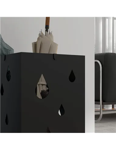 HOMCOM Steel Umbrella Stand, Square Umbrella Holder with 4 Hooks and Removable Drip Tray, Hollowed Umbrella Basket for Hallway, 