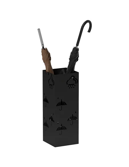 HOMCOM Metal Umbrella Stand, Square Umbrella Holder with Removable Drip Tray and 4 Hooks, Decorative Umbrella Storage Rack for H