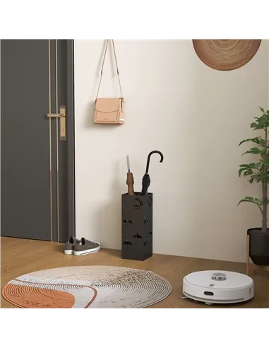 HOMCOM Metal Umbrella Stand, Square Umbrella Holder with Removable Drip Tray and 4 Hooks, Decorative Umbrella Storage Rack for H