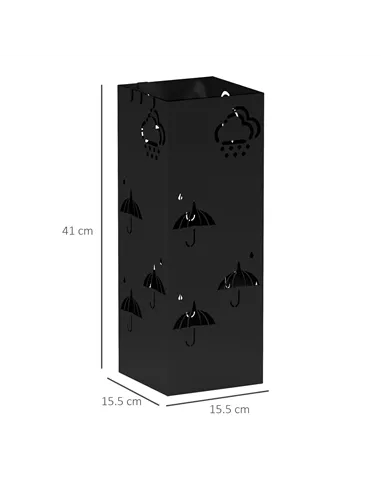 HOMCOM Metal Umbrella Stand, Square Umbrella Holder with Removable Drip Tray and 4 Hooks, Decorative Umbrella Storage Rack for H
