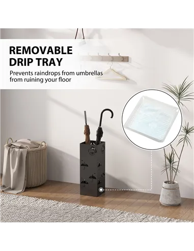 HOMCOM Metal Umbrella Stand, Square Umbrella Holder with Removable Drip Tray and 4 Hooks, Decorative Umbrella Storage Rack for H