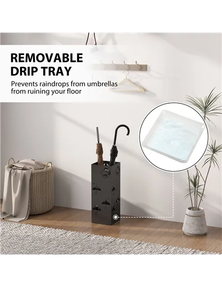 HOMCOM Metal Umbrella Stand, Square Umbrella Holder with Removable Drip Tray and 4 Hooks, Decorative Umbrella Storage Rack for H