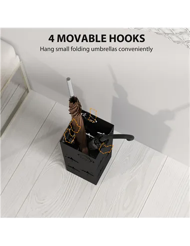HOMCOM Metal Umbrella Stand, Square Umbrella Holder with Removable Drip Tray and 4 Hooks, Decorative Umbrella Storage Rack for H