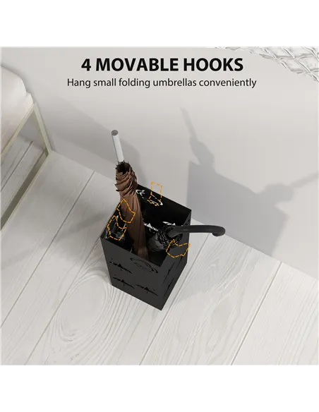 HOMCOM Metal Umbrella Stand, Square Umbrella Holder with Removable Drip Tray and 4 Hooks, Decorative Umbrella Storage Rack for H