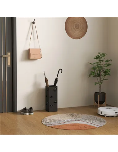 HOMCOM Metal Umbrella Stand, Square Umbrella Holder with Removable Drip Tray and 4 Hooks, Decorative Umbrella Storage Rack for H