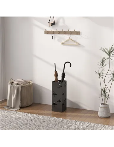 HOMCOM Metal Umbrella Stand, Square Umbrella Holder with Removable Drip Tray and 4 Hooks, Decorative Umbrella Storage Rack for H