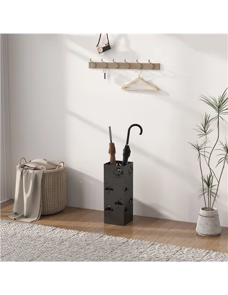 HOMCOM Metal Umbrella Stand, Square Umbrella Holder with Removable Drip Tray and 4 Hooks, Decorative Umbrella Storage Rack for H