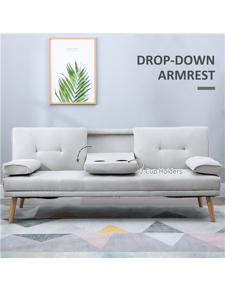 HOMCOM Fabric Click Clack Sofa Bed with 2 Cup Holders, Convertible Futon Settee, Futon Recliner Lounge for Living Room, Spare Ro
