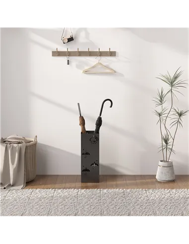 HOMCOM Metal Umbrella Stand, Square Umbrella Holder with Removable Drip Tray and 4 Hooks, Decorative Umbrella Storage Rack for H