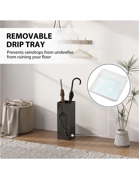 HOMCOM Metal Umbrella Stand, Square Umbrella Holder with 4 Hooks and Removable Drip Tray, Decorative Umbrella Storage Rack for E