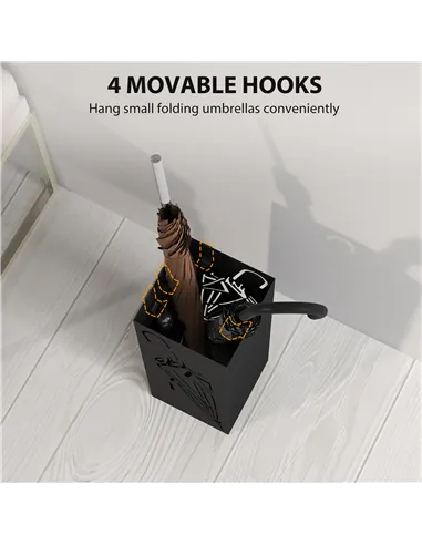 HOMCOM Metal Umbrella Stand, Square Umbrella Holder with 4 Hooks and Removable Drip Tray, Decorative Umbrella Storage Rack for E