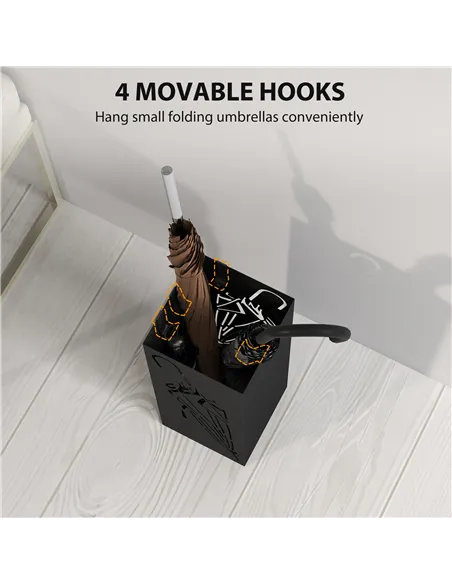 HOMCOM Metal Umbrella Stand, Square Umbrella Holder with 4 Hooks and Removable Drip Tray, Decorative Umbrella Storage Rack for E
