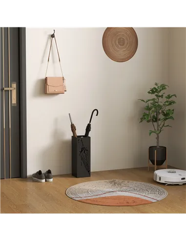 HOMCOM Metal Umbrella Stand, Square Umbrella Holder with 4 Hooks and Removable Drip Tray, Decorative Umbrella Storage Rack for E