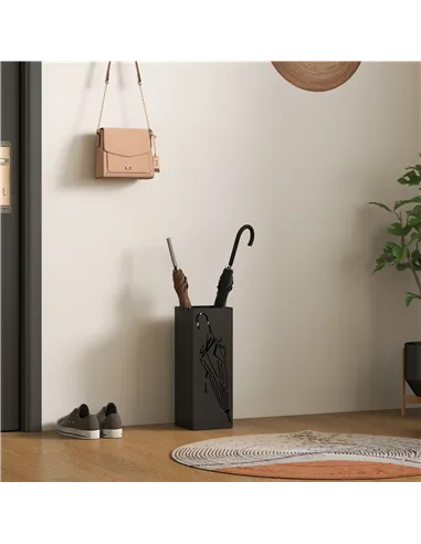 HOMCOM Metal Umbrella Stand, Square Umbrella Holder with 4 Hooks and Removable Drip Tray, Decorative Umbrella Storage Rack for E