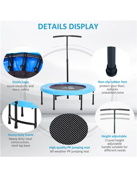 HOMCOM 40" Fitness Trampoline with Adjustable Handle, Rebounder Trampoline, Mini Jumper for Indoor Exercise Workout, Blue