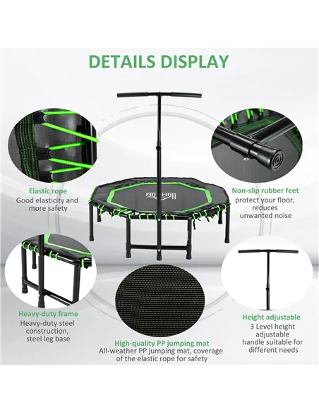 HOMCOM 48" Octagonal Mini Fitness Rebounder Trampoline Indoor Outdoor Foldable Mini Jumper with Adjustable Handle, Green