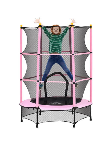 HOMCOM 4.6FT/55" Kids Trampoline with Safety Enclosure, Outdoor Indoor Use, for Ages 3-10 Years, Pink
