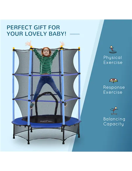HOMCOM 4.6FT/55" Kids Trampoline with Safety Enclosure, Outdoor Indoor Use, for Ages 3-10 Years, Blue