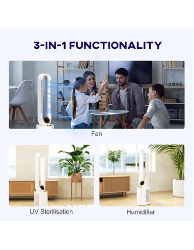 HOMCOM Multi-Mode Bladeless Tower Fan and Humidifier - White
