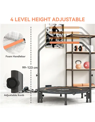 HOMCOM 45" Foldable Mini Fitness Trampoline, with Adjustable Foam Handle, Orange