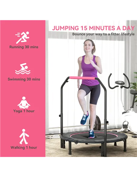 HOMCOM 45" Foldable Mini Fitness Trampoline, with Adjustable Foam Handle, Pink