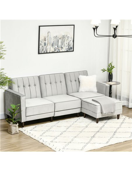 HOMCOM L Shape Sofa Bed Set with 3-Seater Sofa and Footstool, Corner Sofa Bed with Ottoman, Light Grey